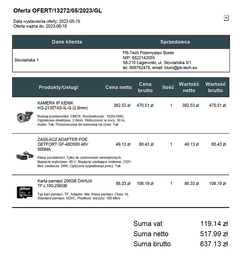 Oferta, kosztorys, wycena